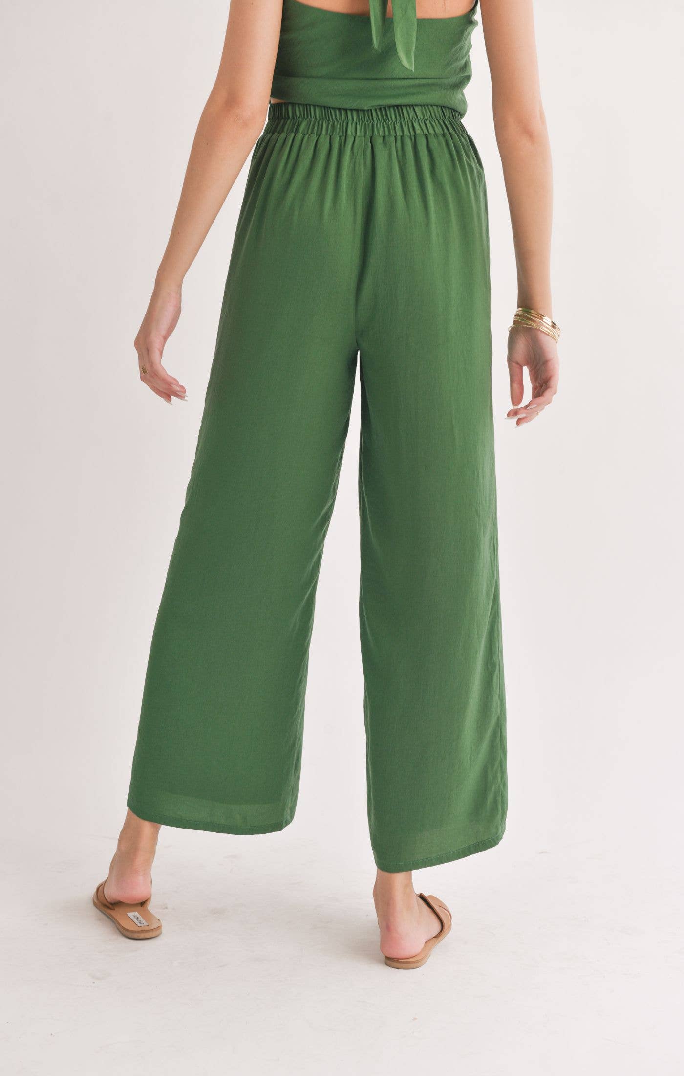 Satin Wide Leg Pants: FOREST GREEN