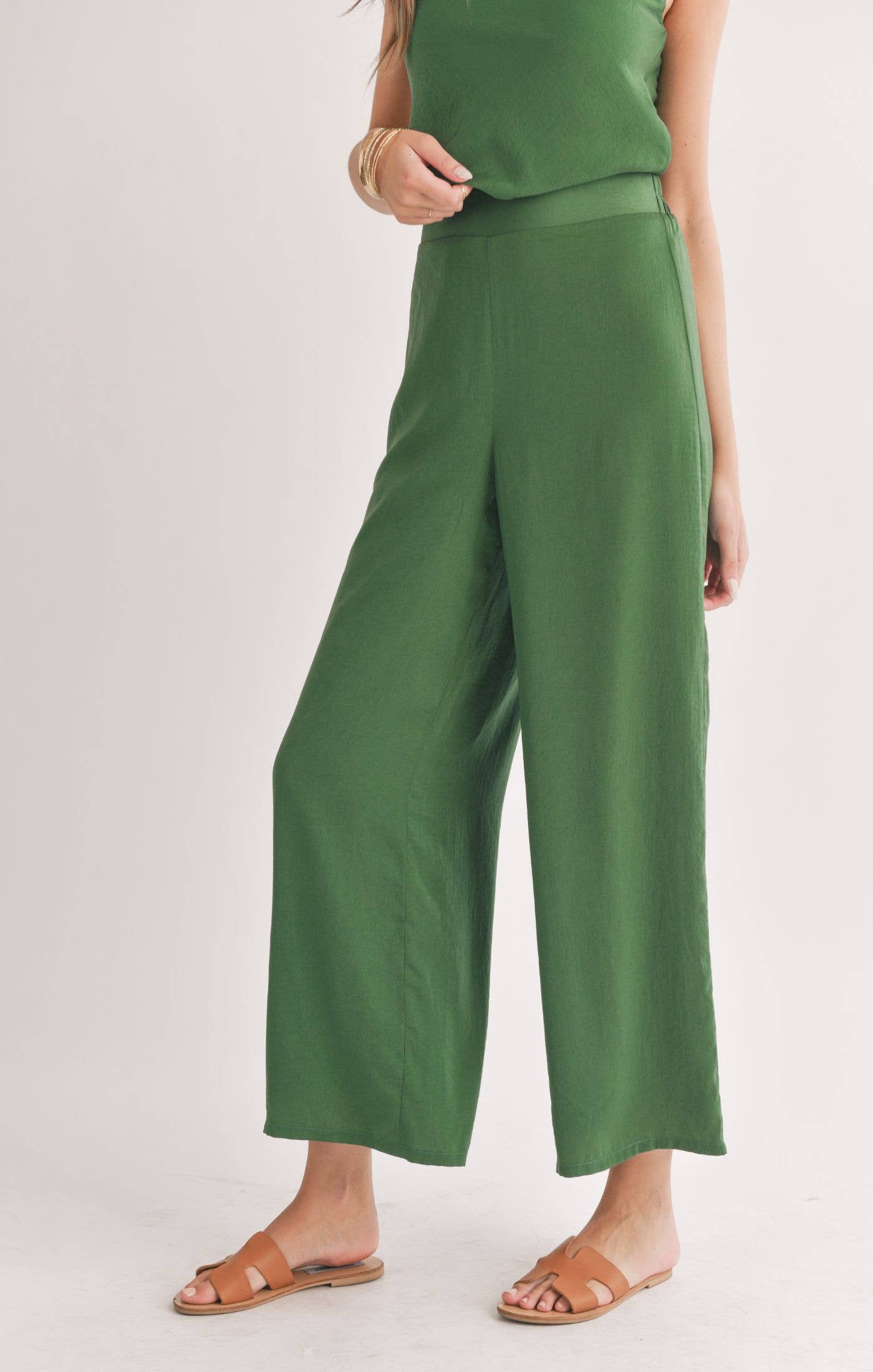 Satin Wide Leg Pants: FOREST GREEN