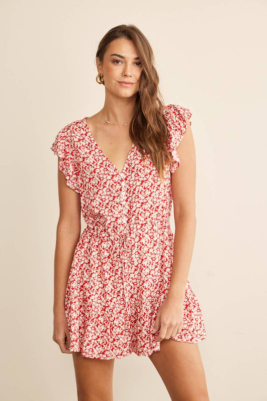 FLORAL RUFFLE SLEEVE BUTTON UP DRAWSTRING ROMPER