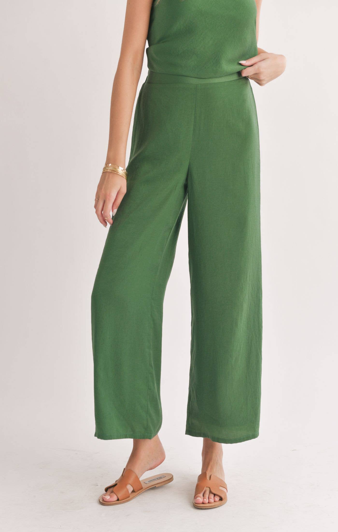 Satin Wide Leg Pants: FOREST GREEN