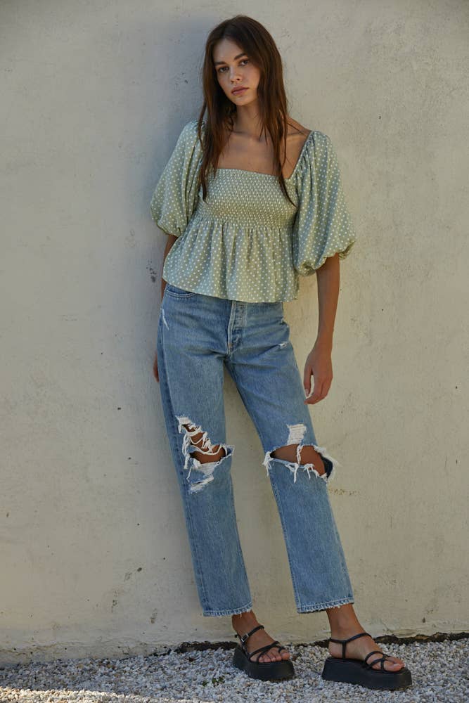 Vintage Polka Dot Print Square Neck Blouse