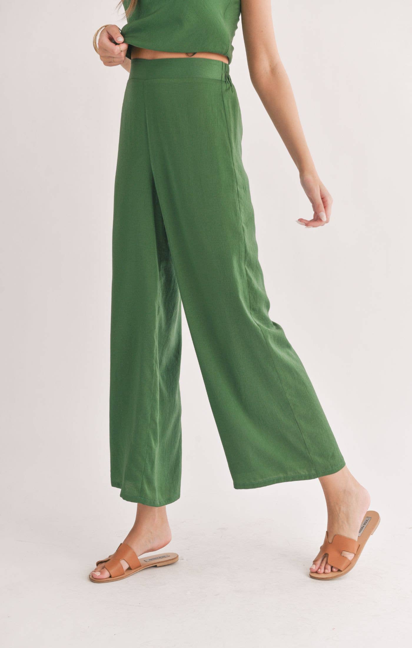 Satin Wide Leg Pants: FOREST GREEN