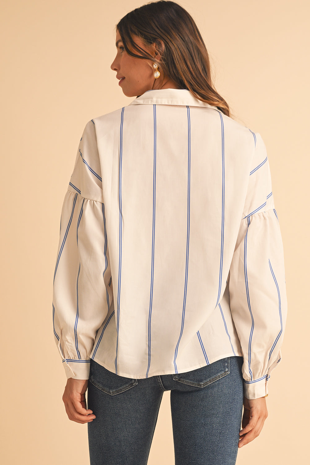 Sky Blue Stripe Drop Shoulder Bubble Sleeve Loose Shirt