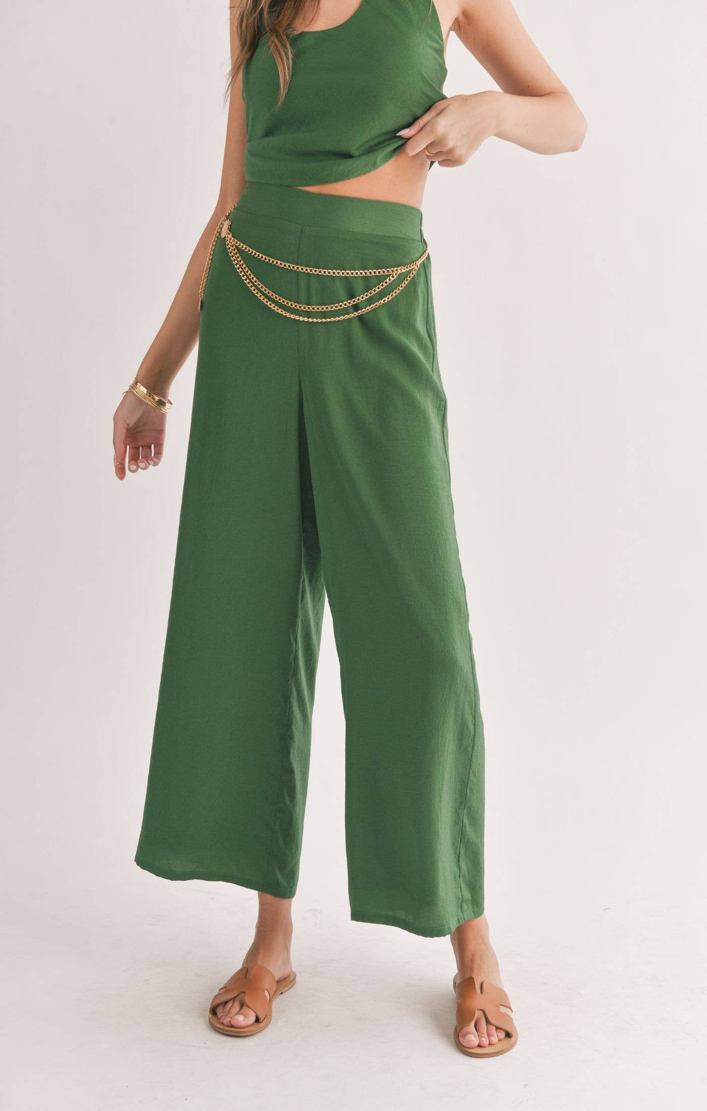 Satin Wide Leg Pants: FOREST GREEN