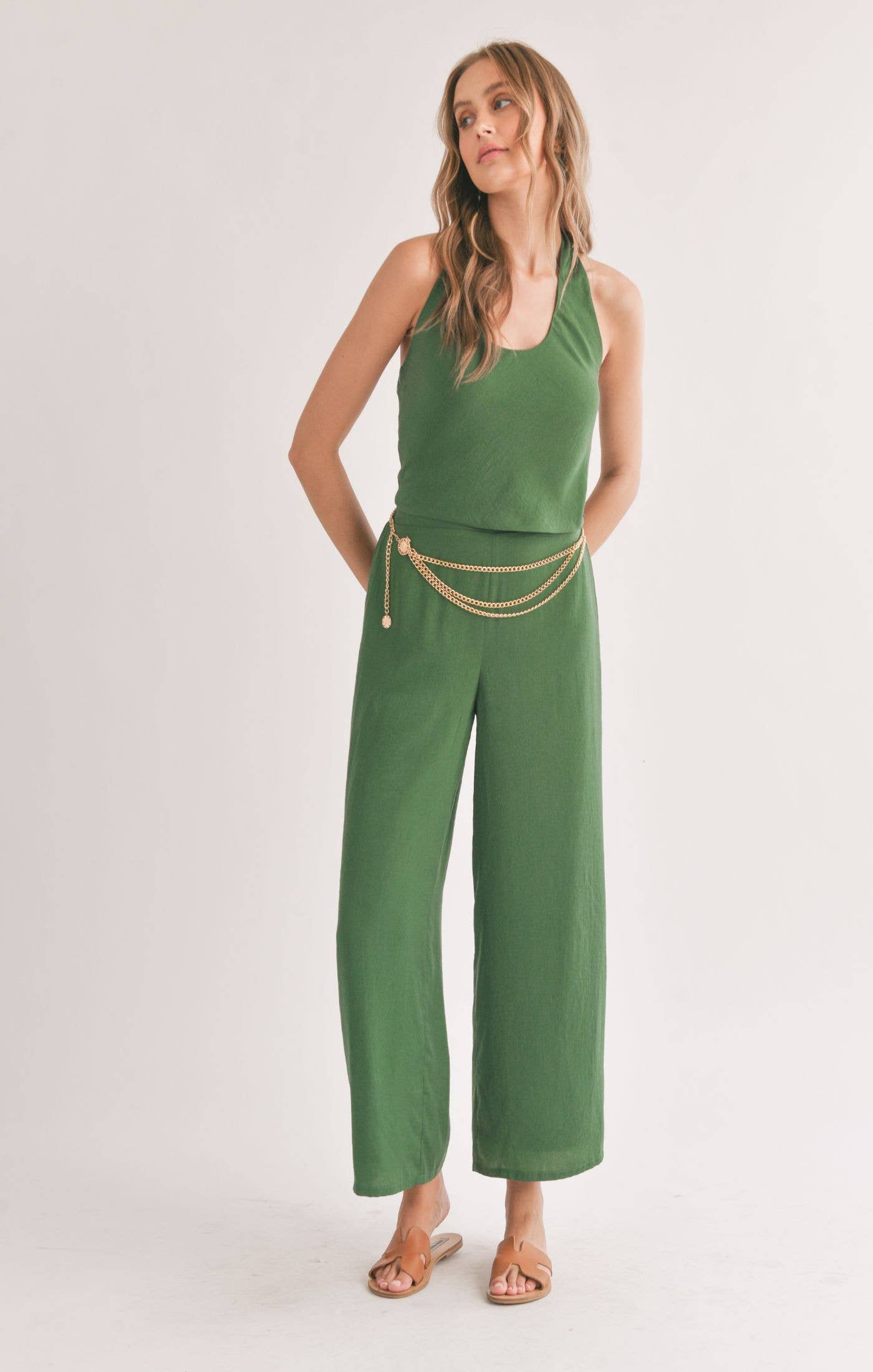 Satin Wide Leg Pants: FOREST GREEN