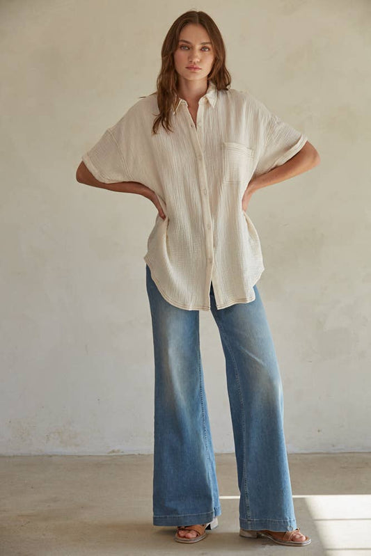 Woven Cotton Gauze Button Down Shirt Top