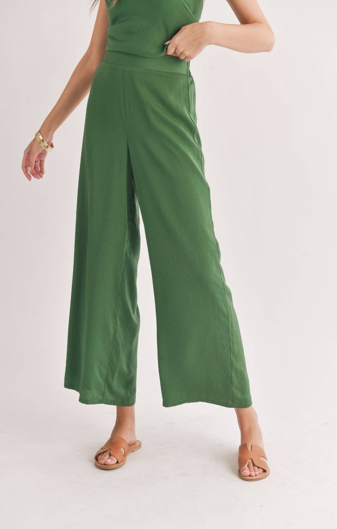 Satin Wide Leg Pants: FOREST GREEN