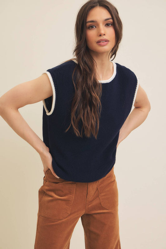 CONTRAST ROLLED EDGE KNITTED SWEATER VEST